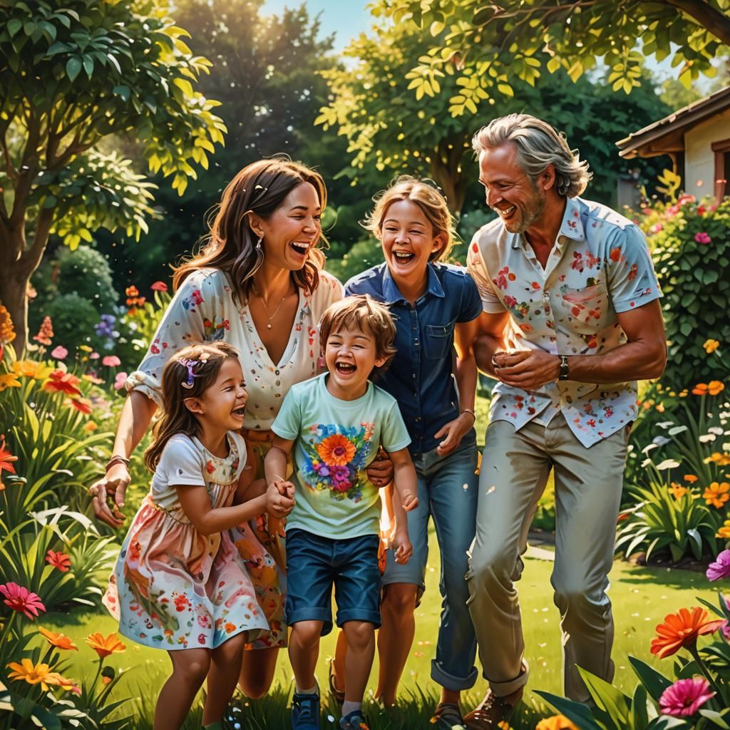 Happy Family in Garden: Splash Art Style