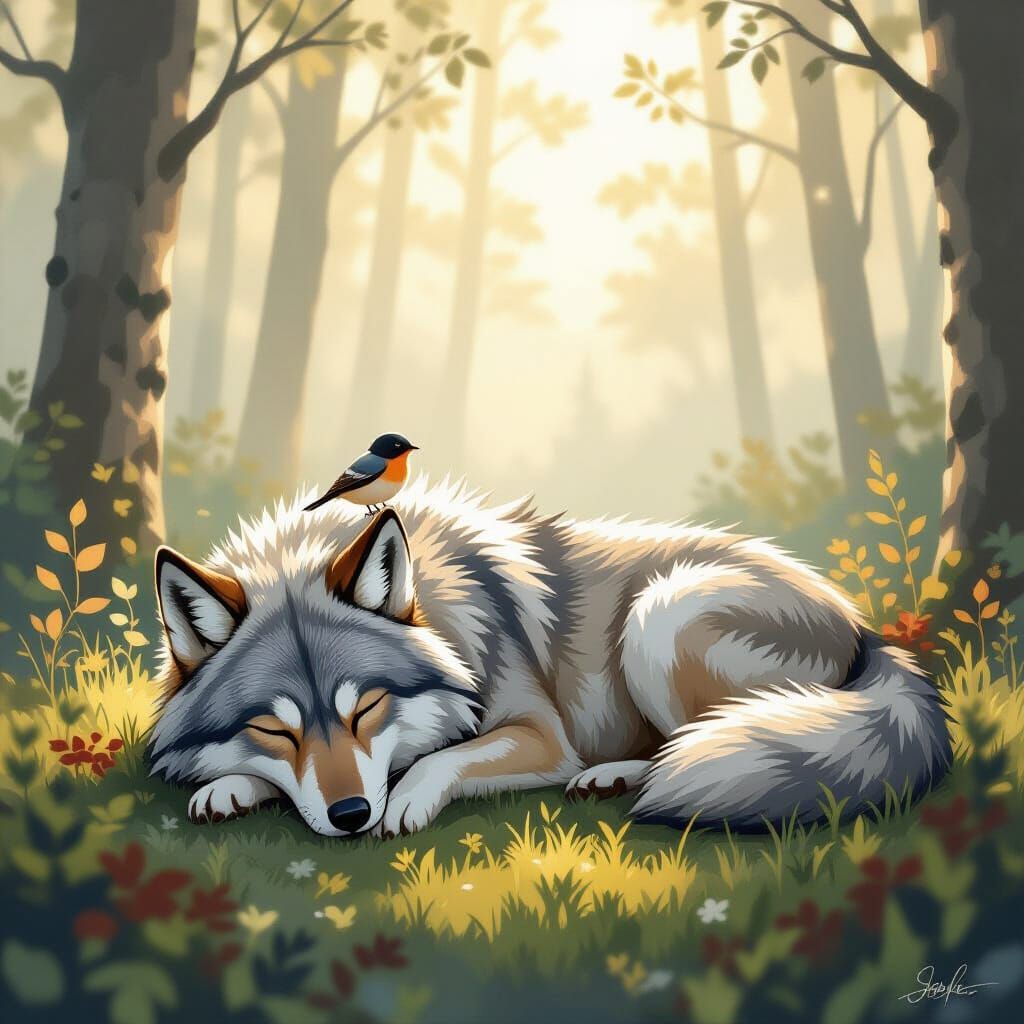 Serene Wolf and Bird in Tranquil Forest
