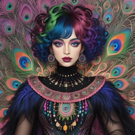 Abstract Woman with Peacock Feathers, Klimt and Matisse Styl...