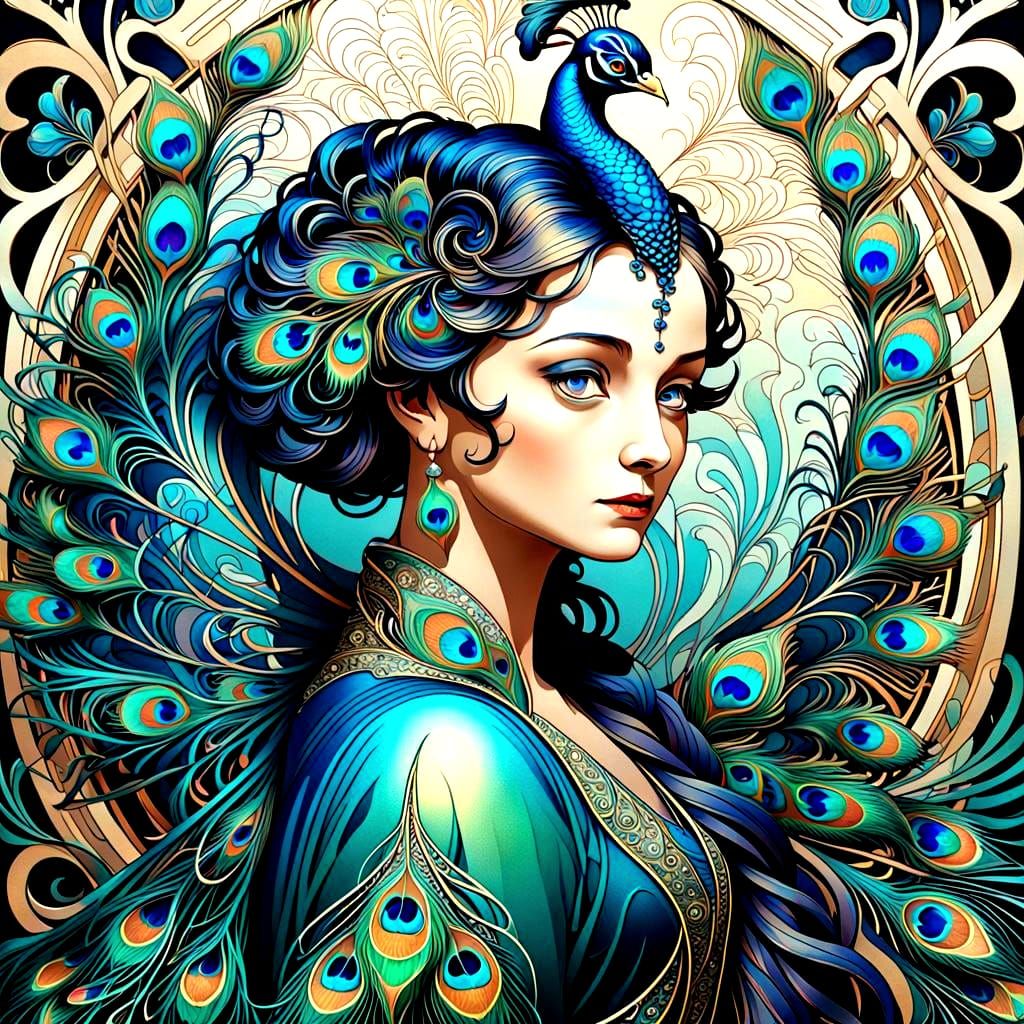 Art Nouveau Peacock with Iridescent Feathers