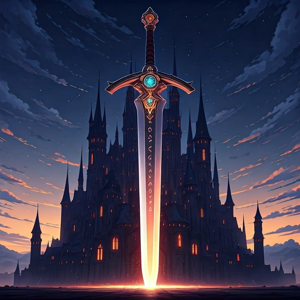 Majestic Medieval Castle with Floating Sword: 3D Anime Art