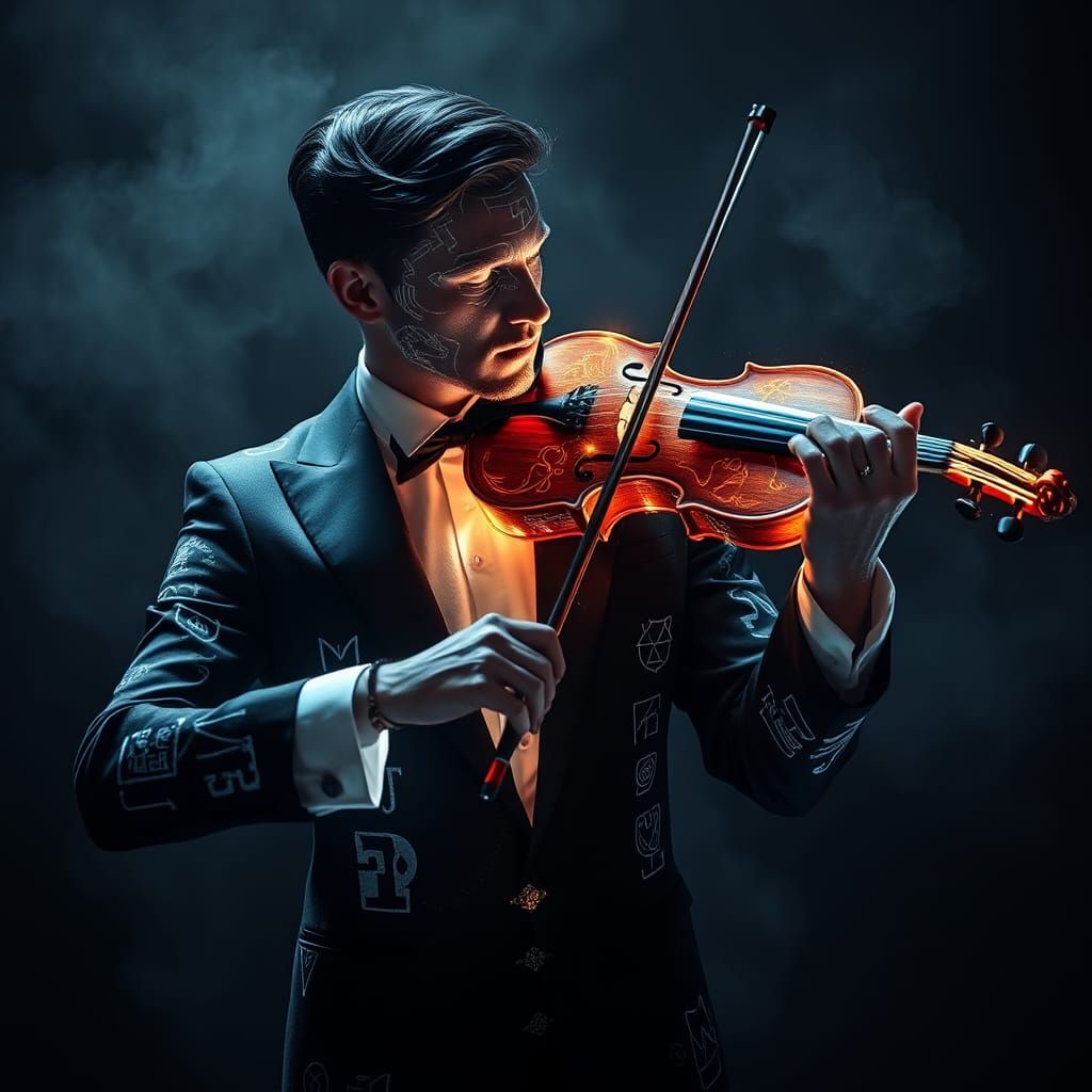 Violinist Composed of Prismatic Light and Runes