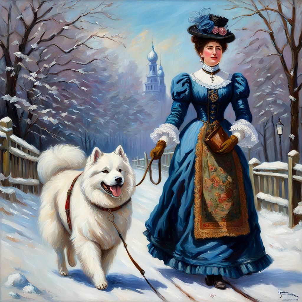 Victorian Woman Walks Samoyed, Oil Painting