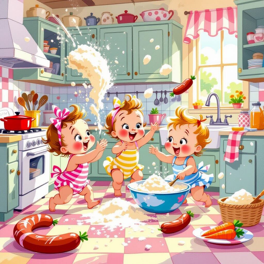Whimsical Babies Causing Kitchen Chaos in Candyland Style