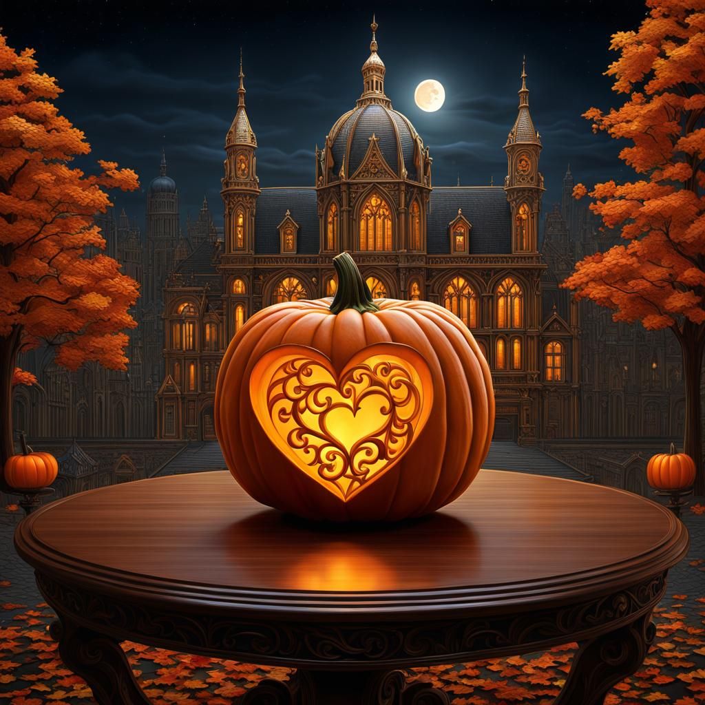 Detailed Gothic Carved Pumpkin on Autumn Night