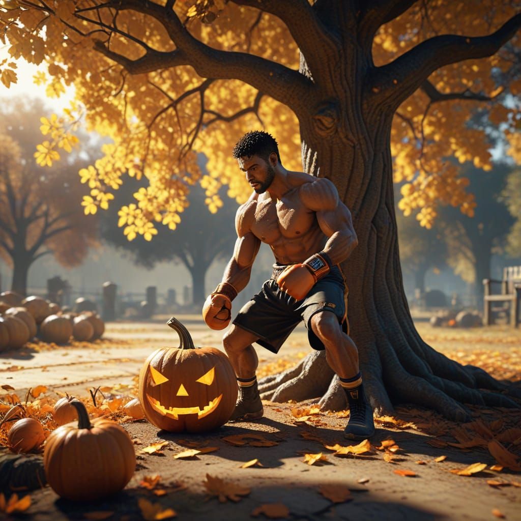 Boxer Carves Pumpkin Under Oak Tree in Autumn