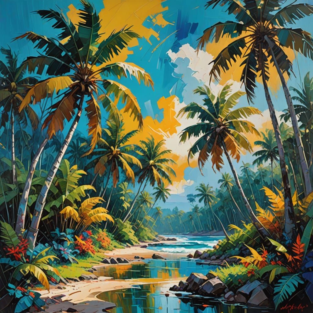 Surreal Tropical Oasis in Vibrant Blue and Yellow