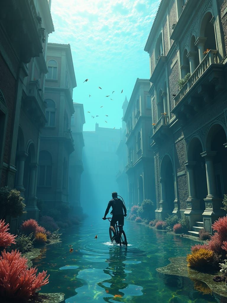 Ferrara Submerged: Scuba Cyclist in Underwater City