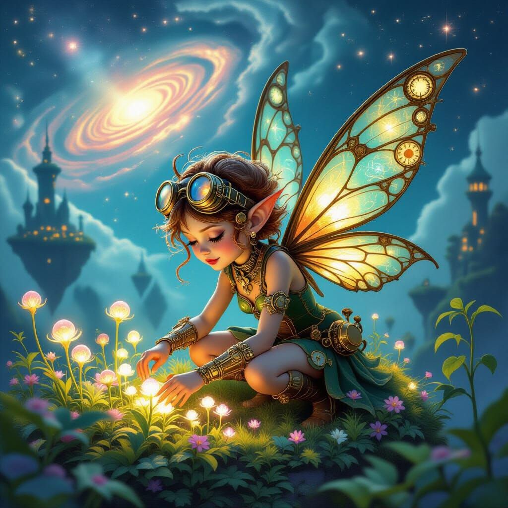 Steampunk Pixie Tending Glowing Garden Under Nebula
