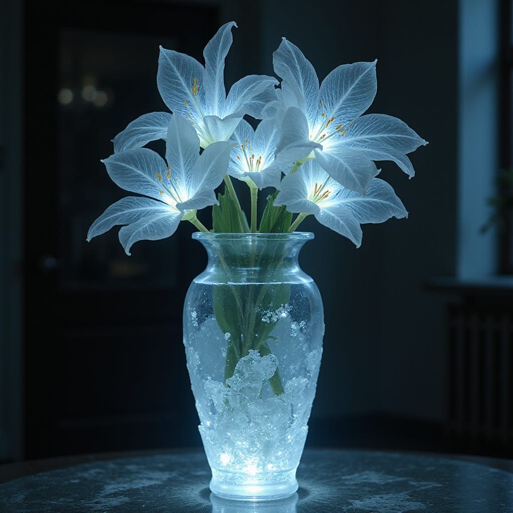 Crystal Vase with Glowing Otherworldly Flowers in Darkened R...
