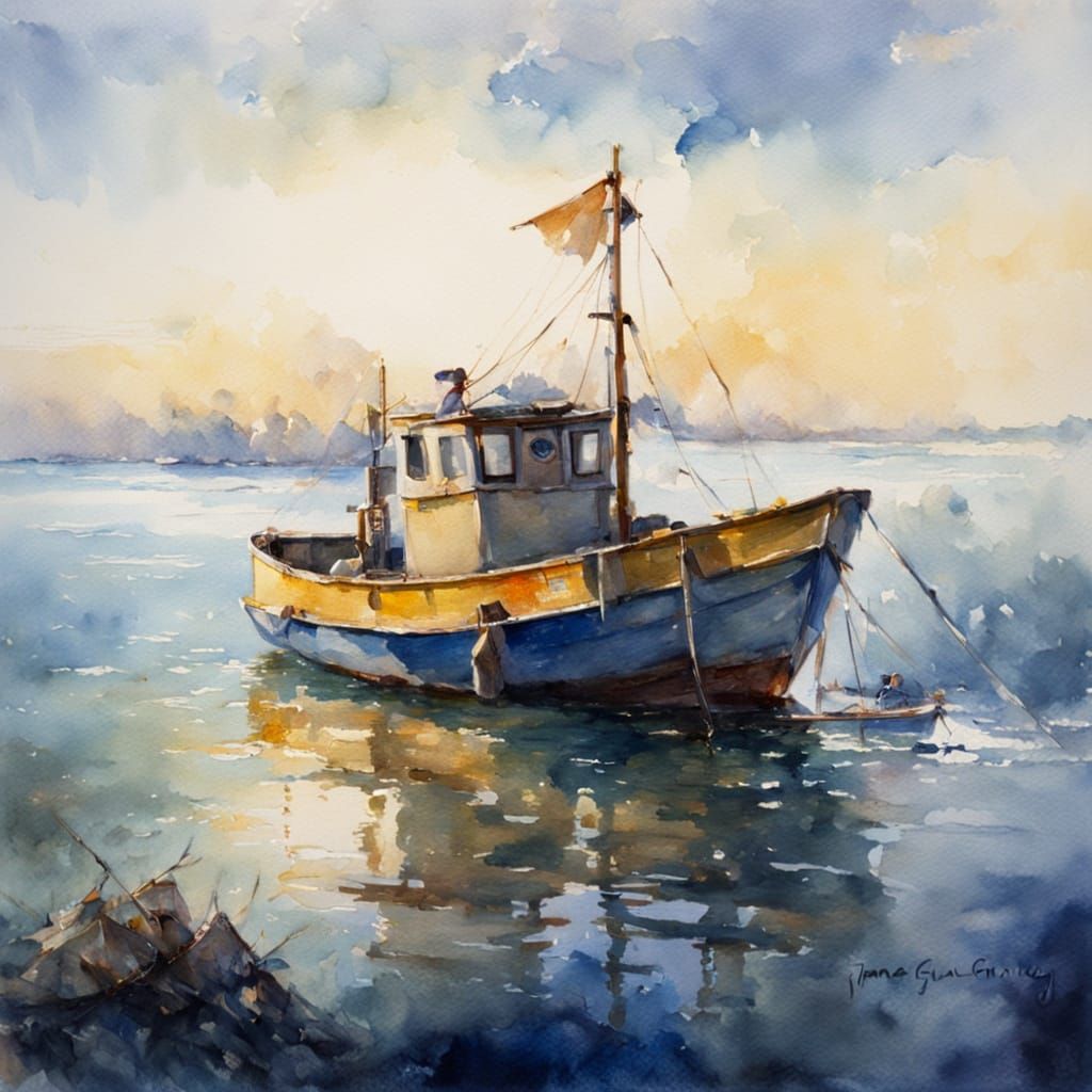 Impressionistic Watercolor Fish Cutter with Golden Light