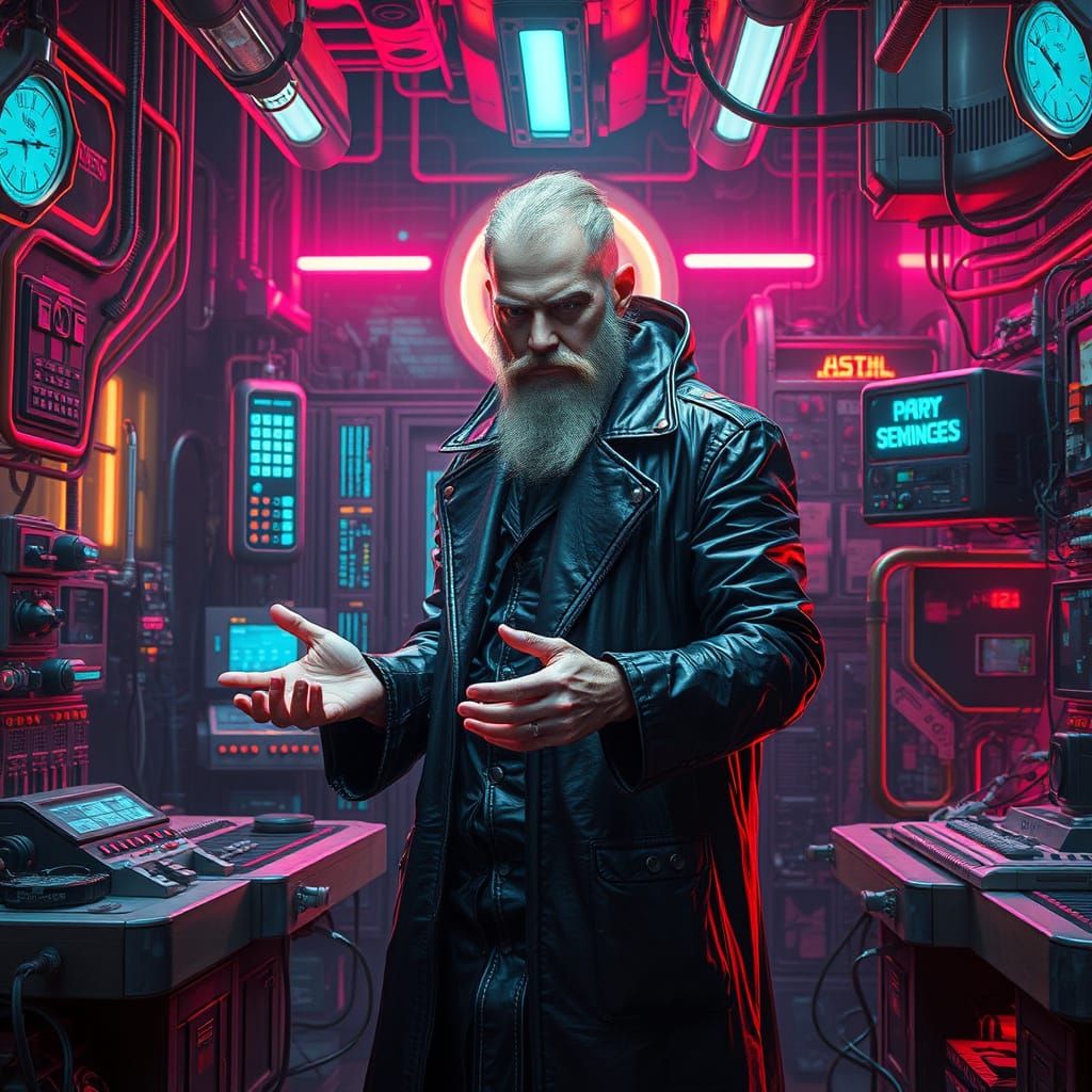 Cyberpunk Wizard Practicing Technomancy in Neon Laboratory