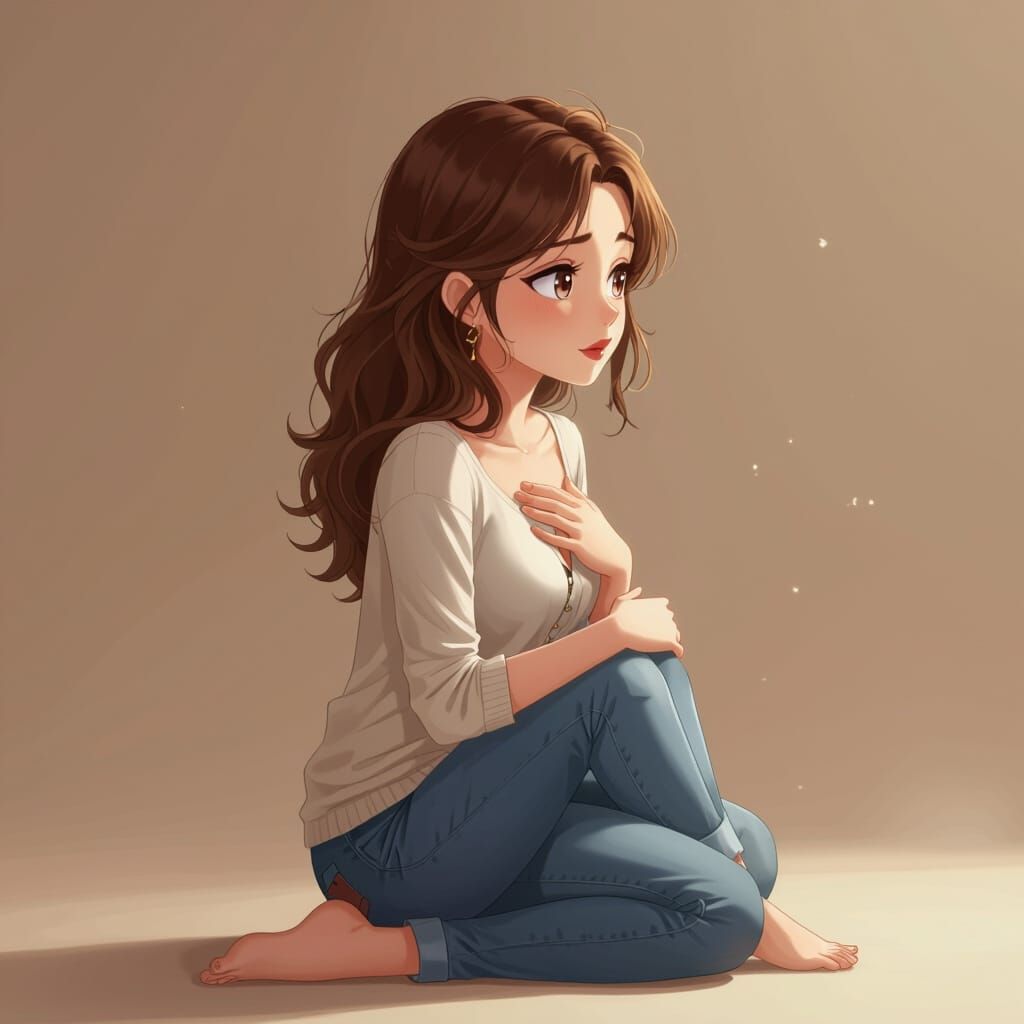 Cartoon Woman Gazing with Longing in Anime Style