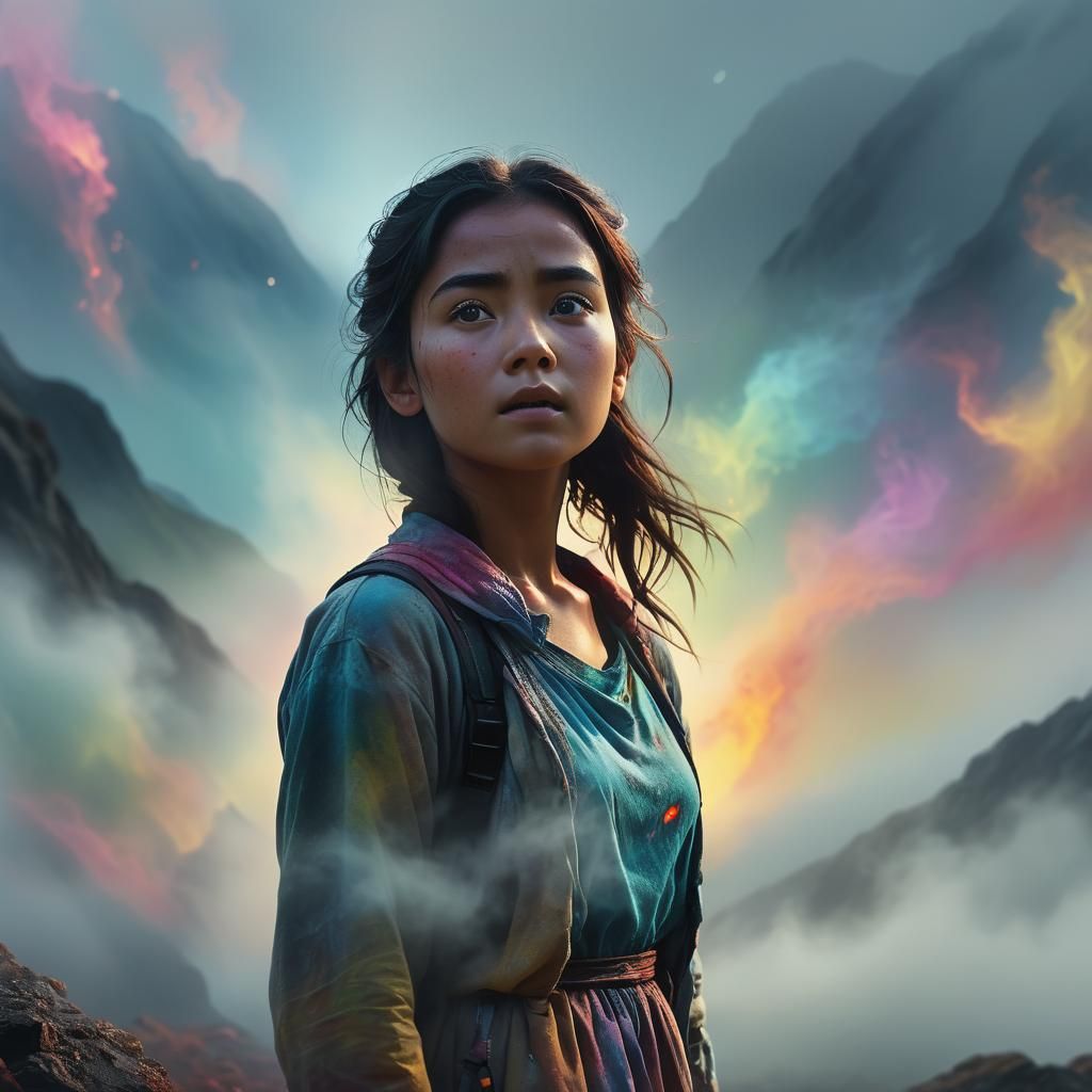 Dreamer in Misty Landscape: Vibrant Digital Art