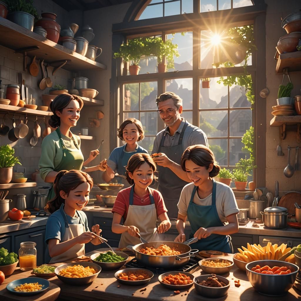 Happy Family Meal in Cartoon Style