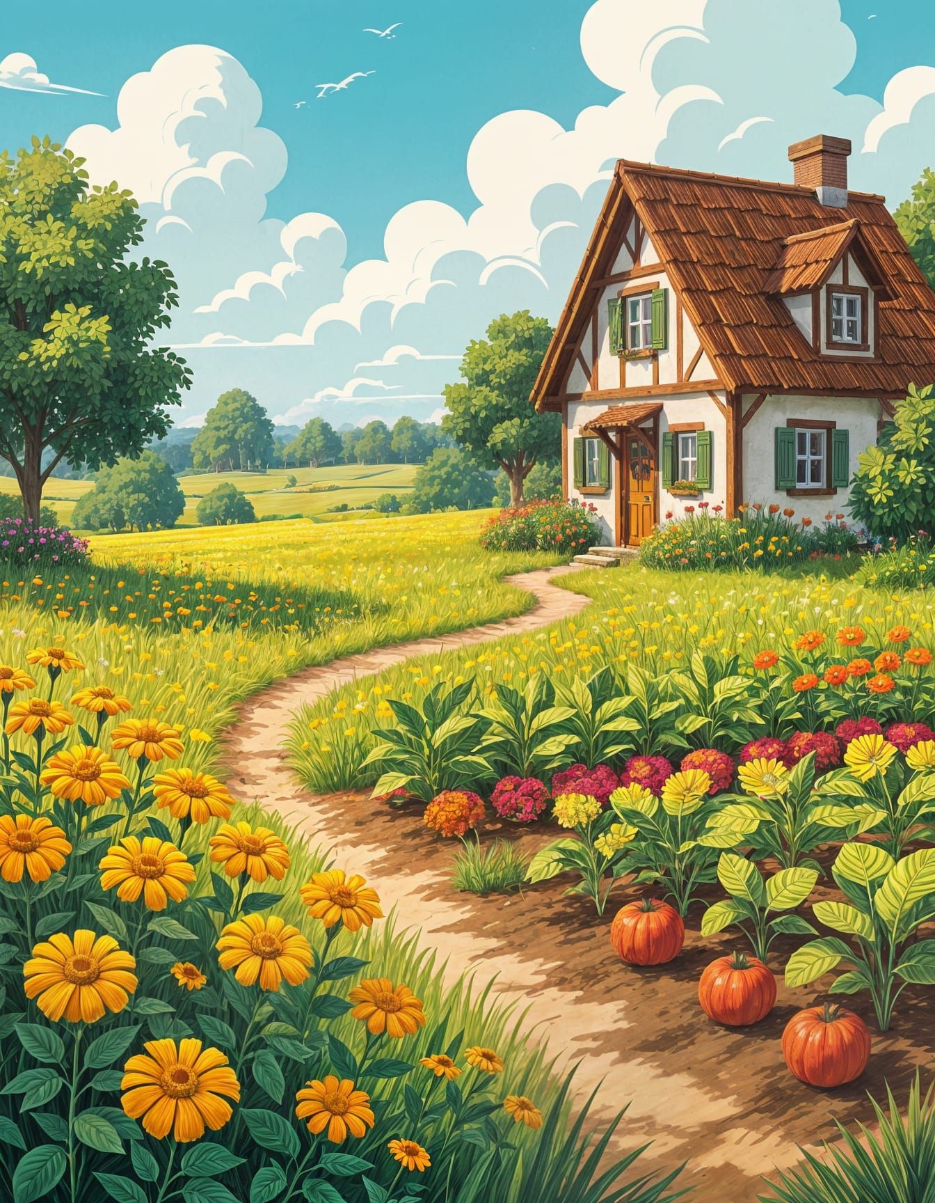 Vivid Meadow Scene with Cottage and Garden