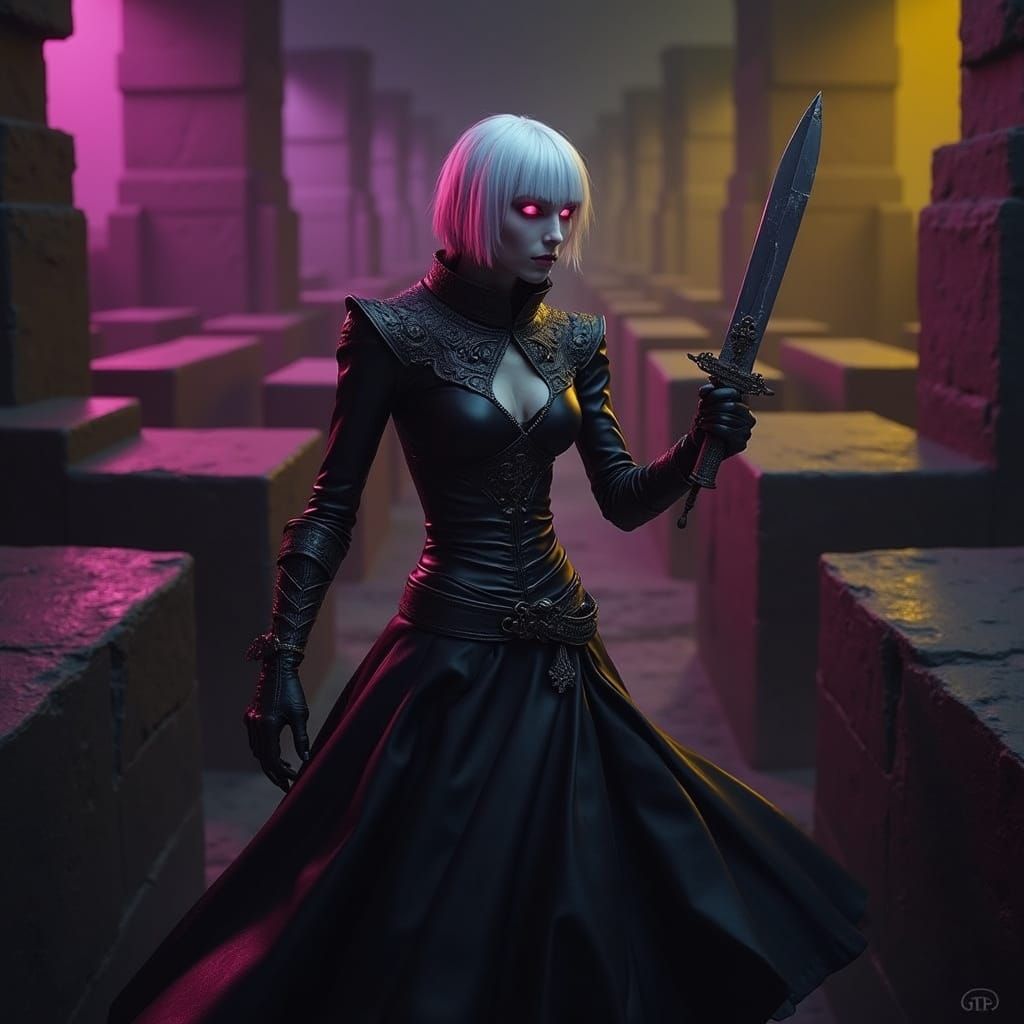 Albino in Maze with Dagger: Cinematic Film Still