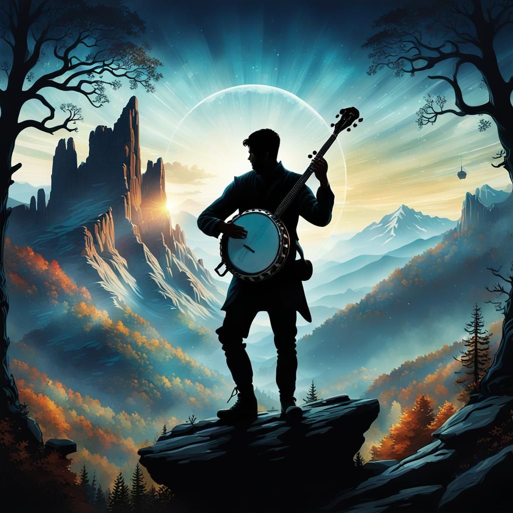 Appalachian Banjo Player in Double Exposure Art