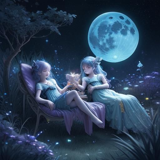Fairies Sleeping on a Moon in Bioluminescent Galaxy