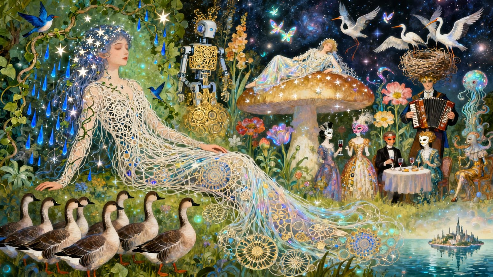 Surreal Eco-Art Garden with Twins and Geese