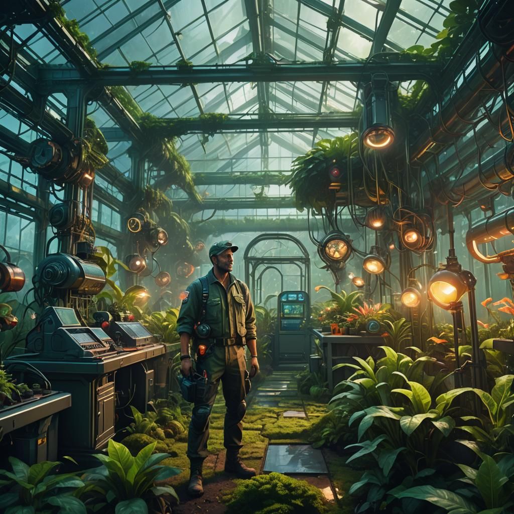 Futuristic Agricultural Engineer in Verdant Greenhouse