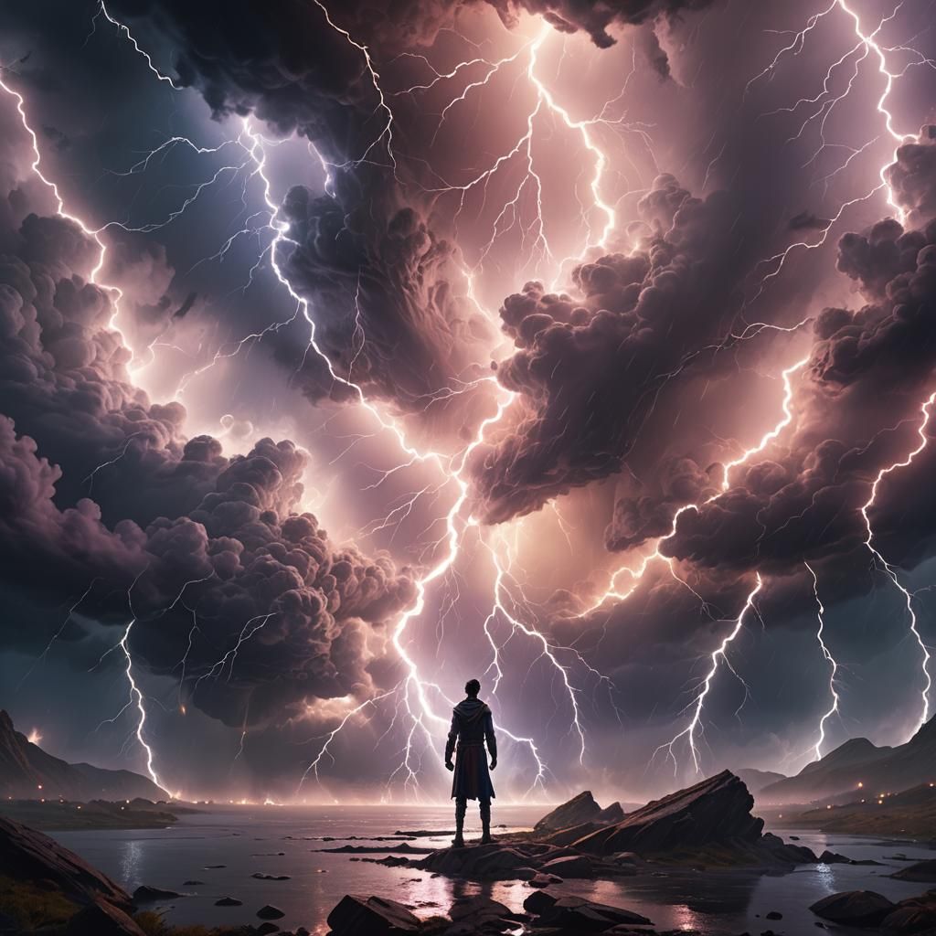 Serene Figure in Lightning Storm Matte Painting