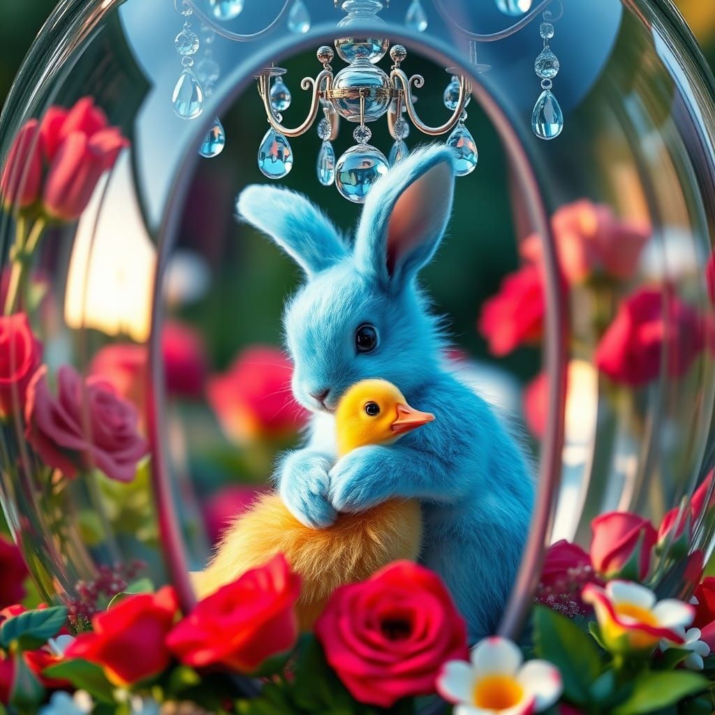 Azure Chandelier Inside Glass Dome with Bunny