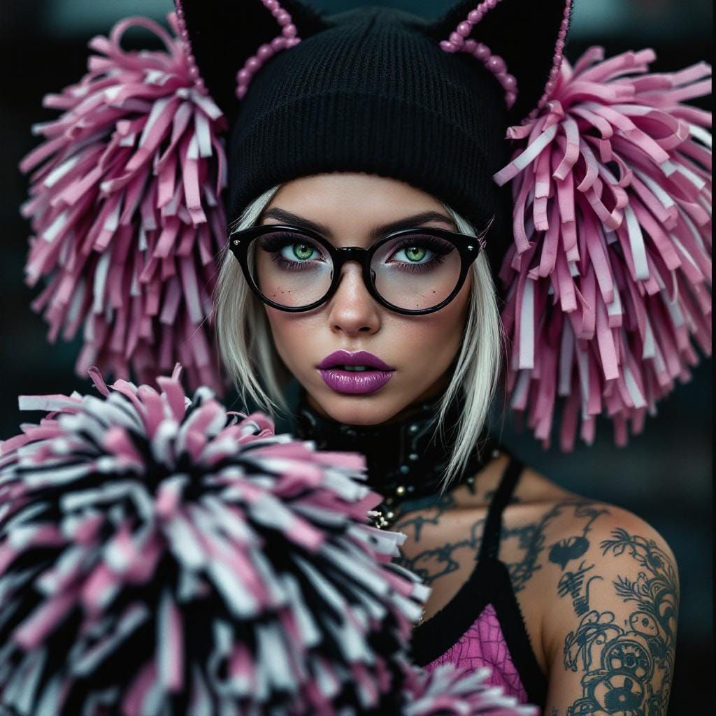 Goth-Punk Cheerleader in Photorealistic Film Still
