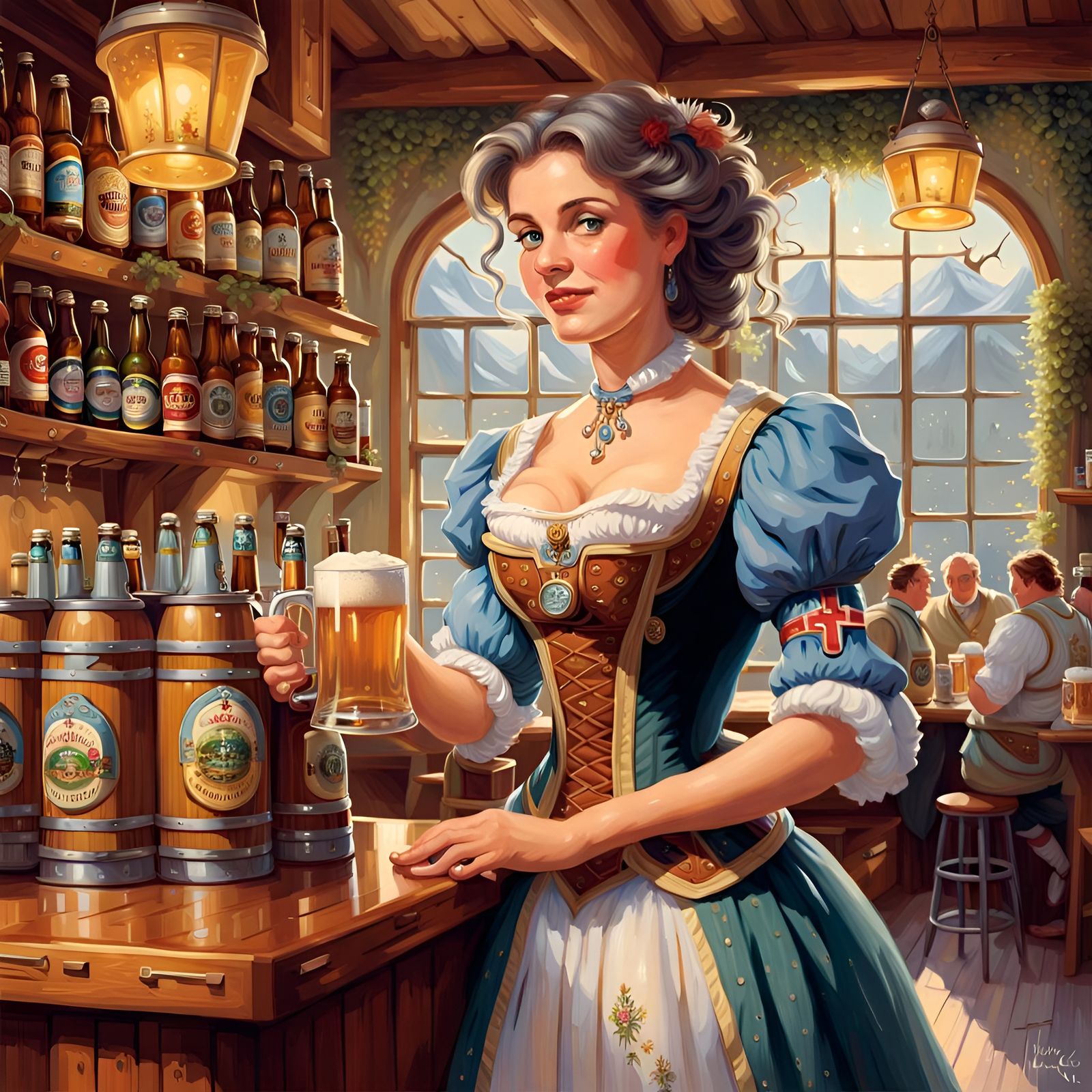 Fantastical Swiss Lady Serving Beer in Gouache Style