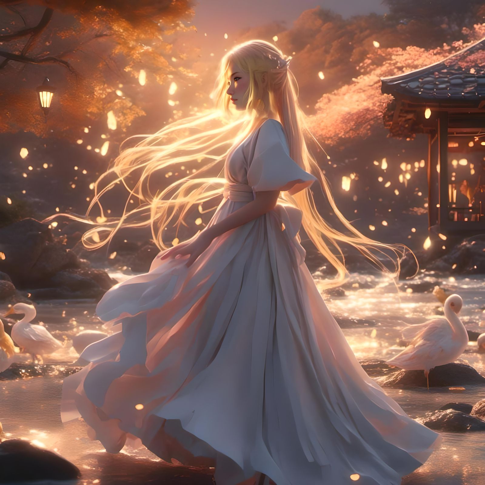 Anime Woman on Beach at Sunset in 8K