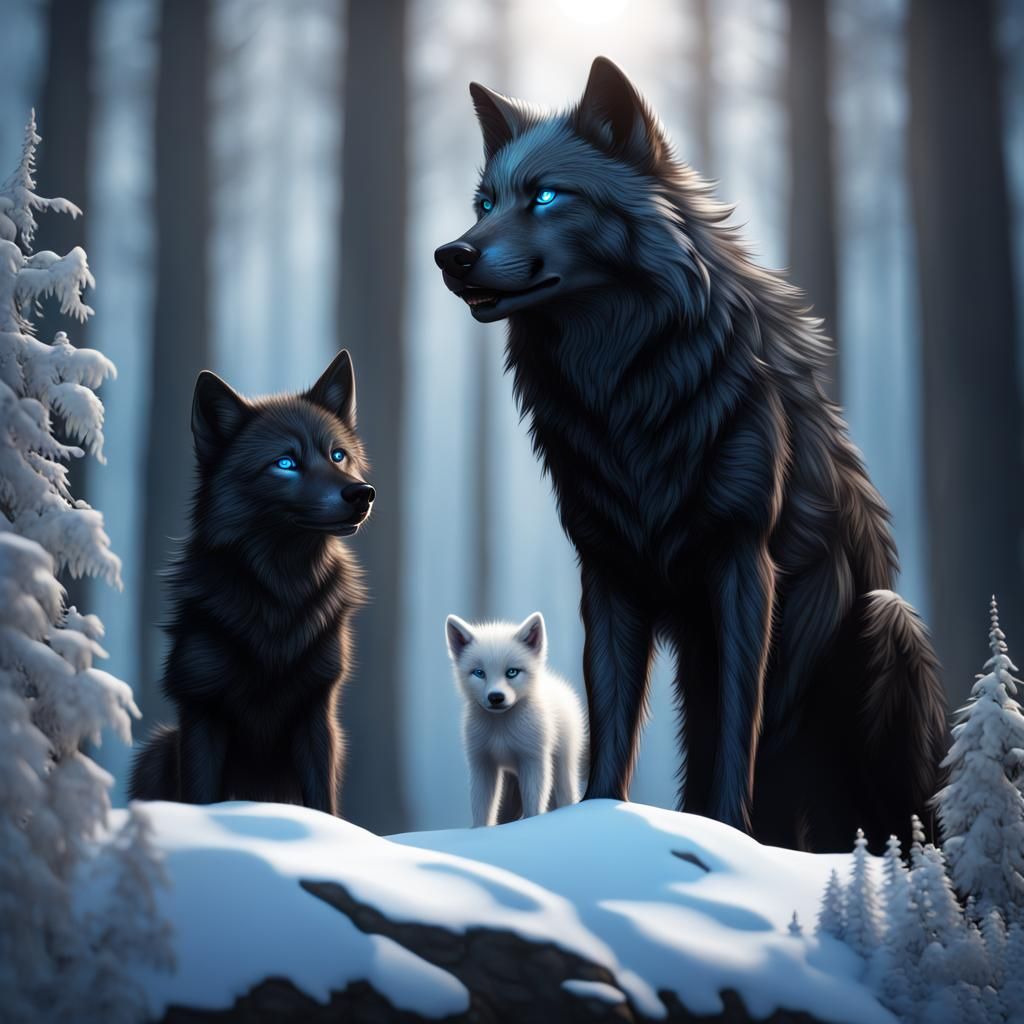 Giant Black Wolf Guarding White Cub
