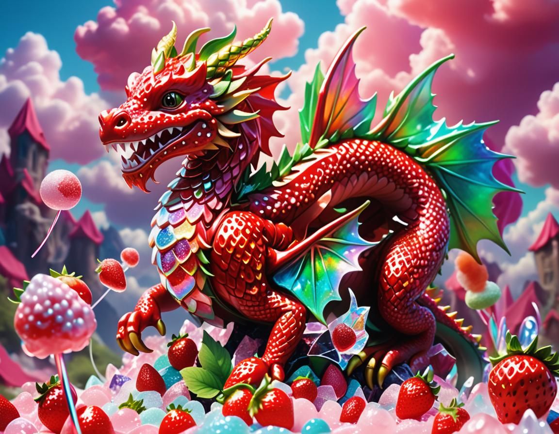 Strawberry-Dragon Hybrid in Candy Land, Digital Art