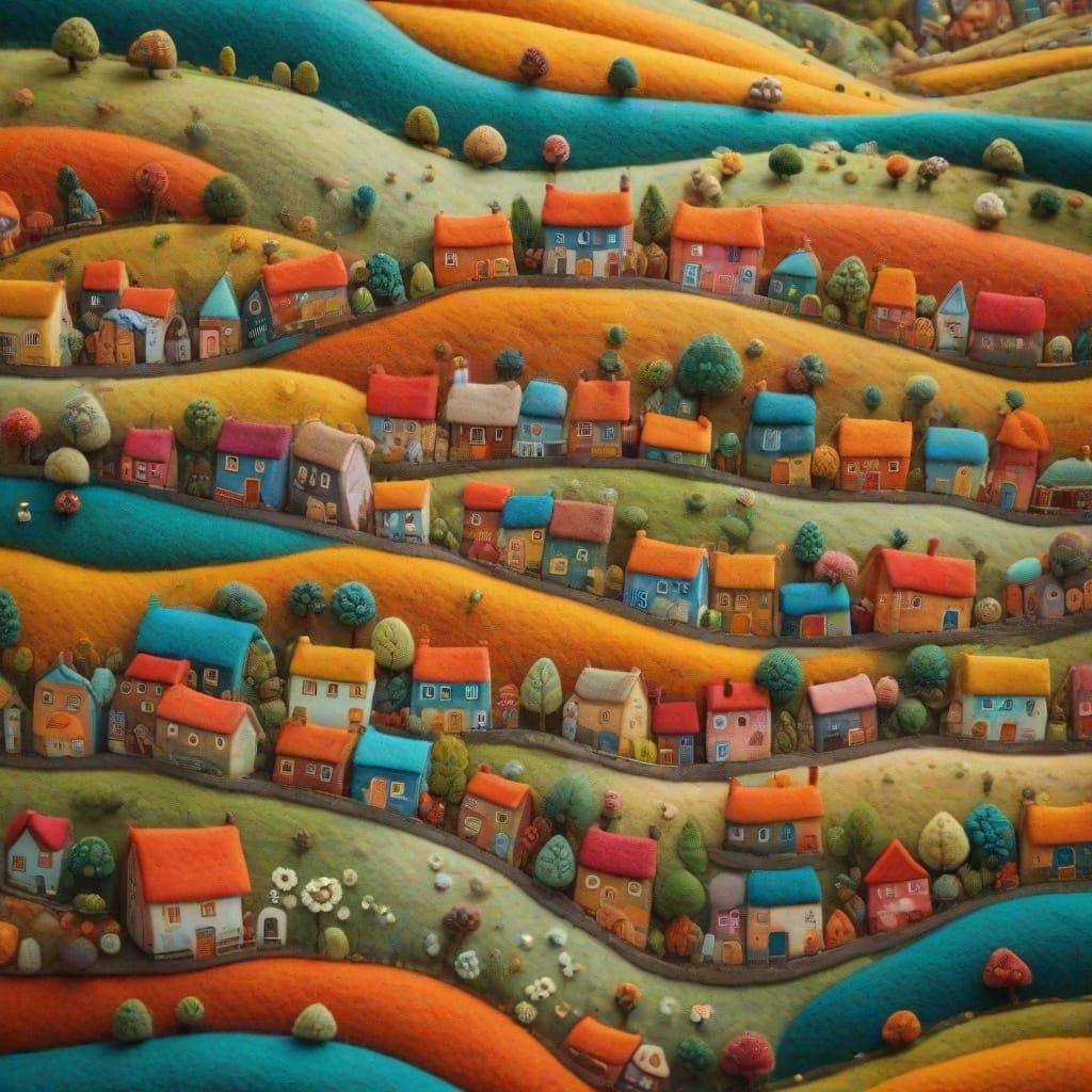 Felt Art Village in Naive Style