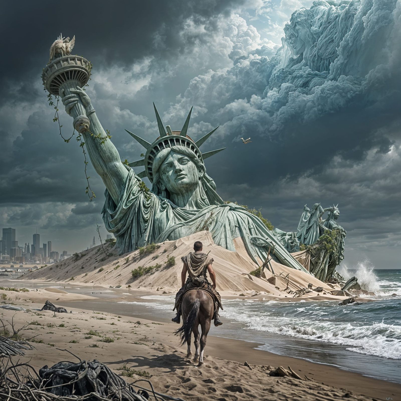 Post-Apocalyptic Statue of Liberty in Cinematic Style