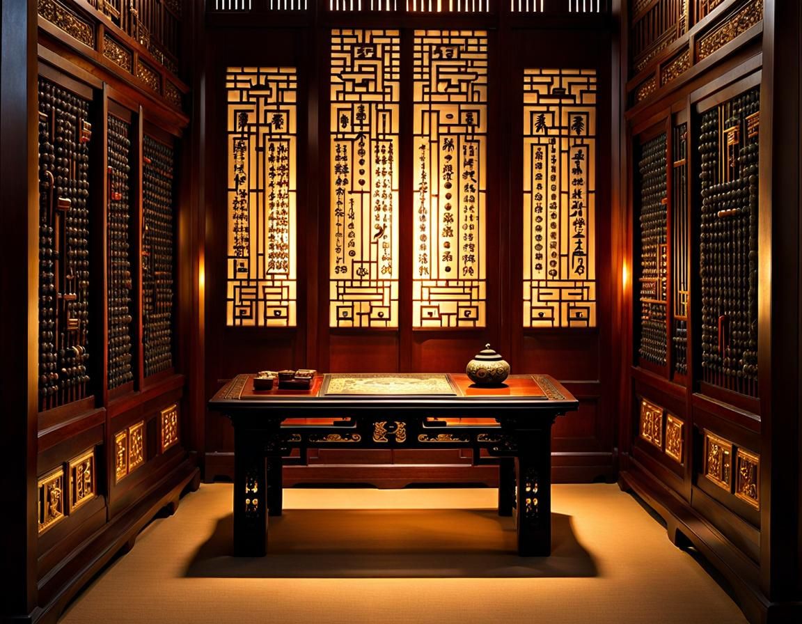 Ornate Abacus in Chinese Scribe Room Oil Painting