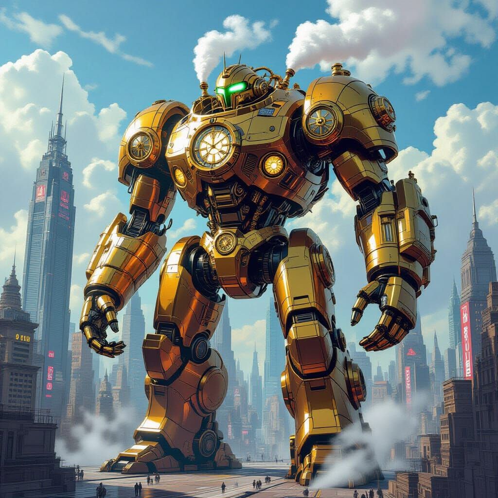 Steampunk Guardian Towers Over Metropolis in Painterly Style
