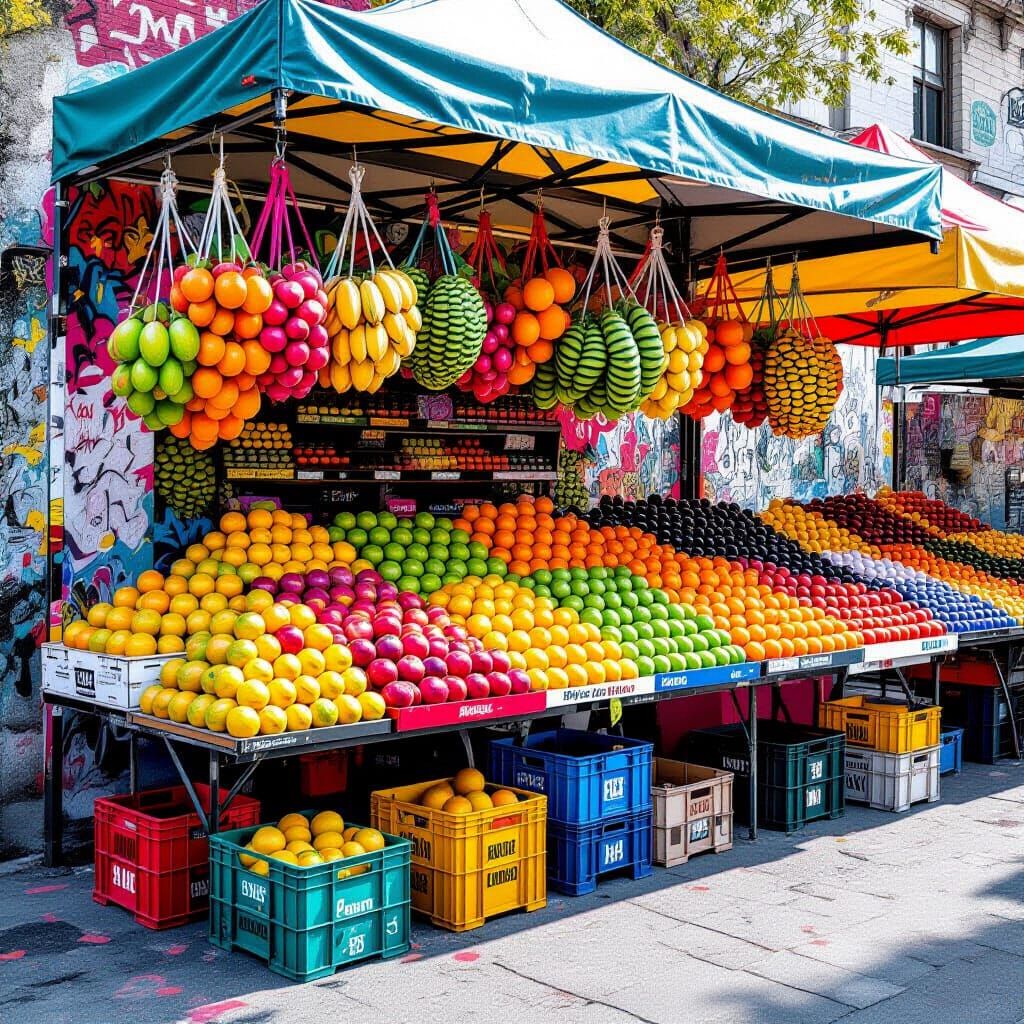 Vibrant Farmer's Market Stall in Street Art Style