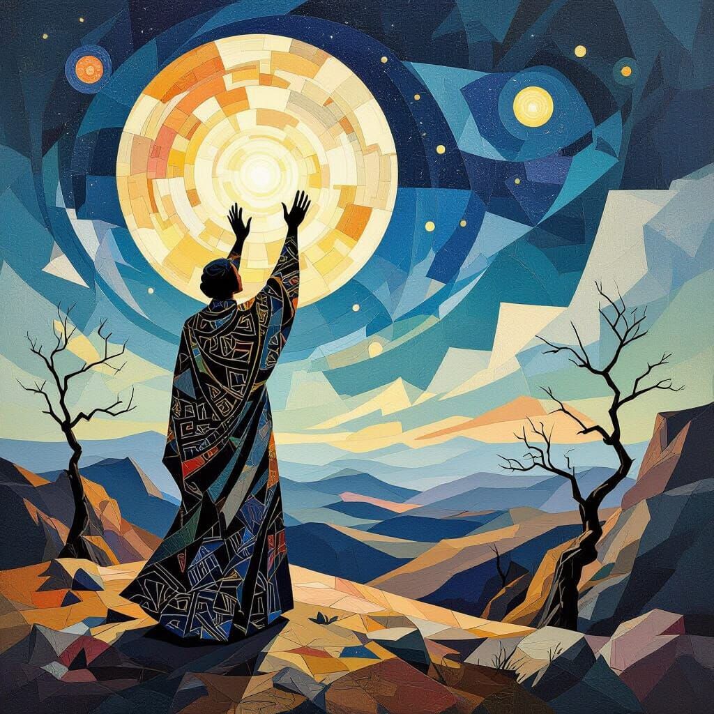 Fractal Figure on Windswept Hill Gazes at Starry Sky