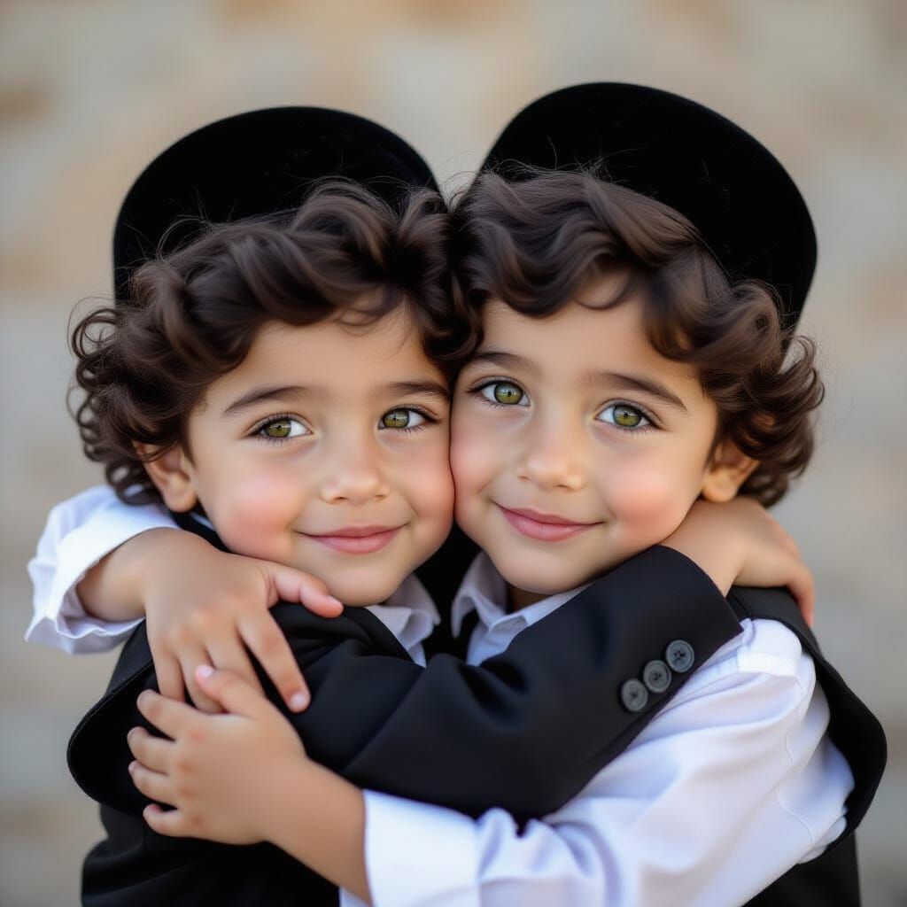 Haredi Twins Hugging: Black Hair, Green Eyes