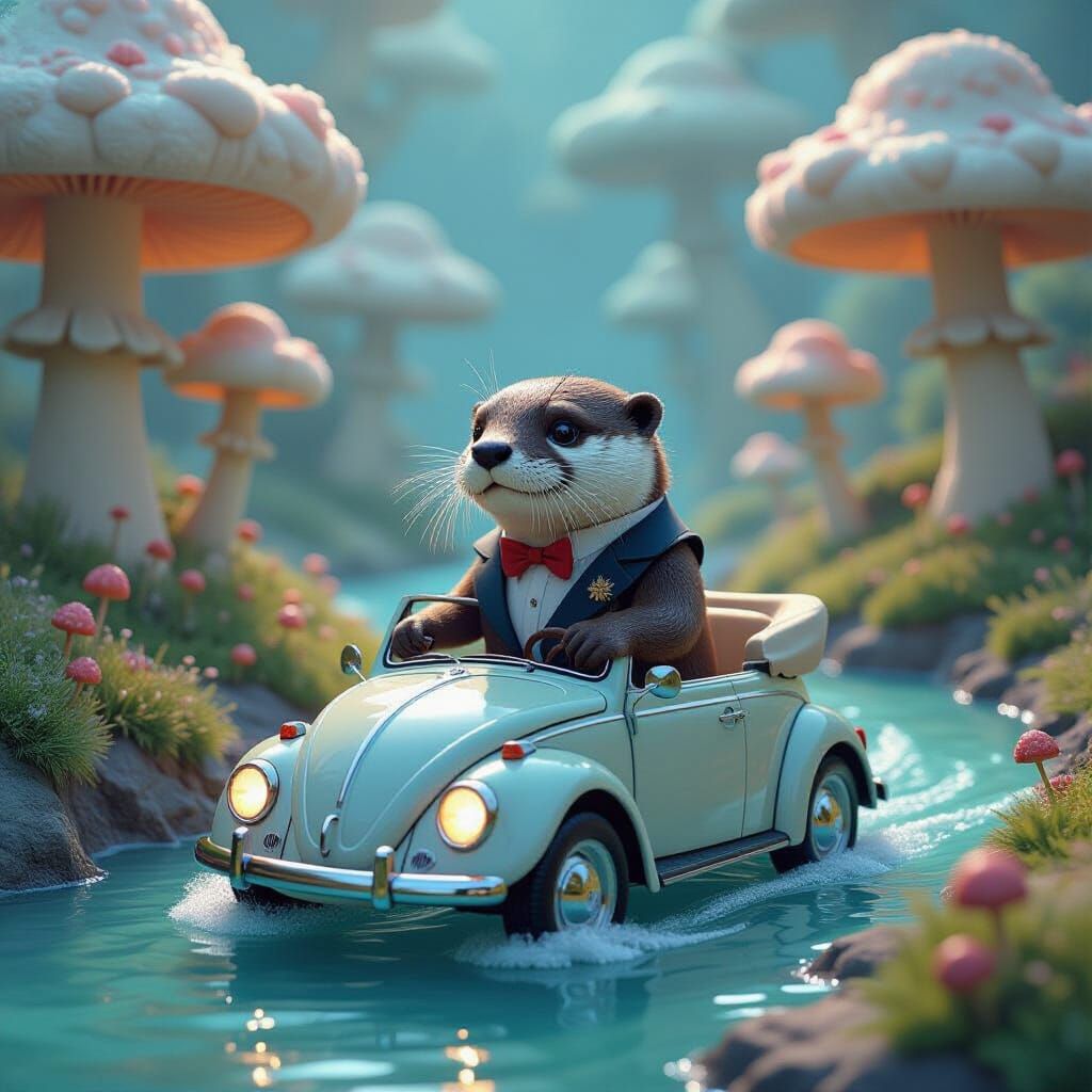 Whimsical Otter Drives Beetle in Mushroom Land: Digital Art