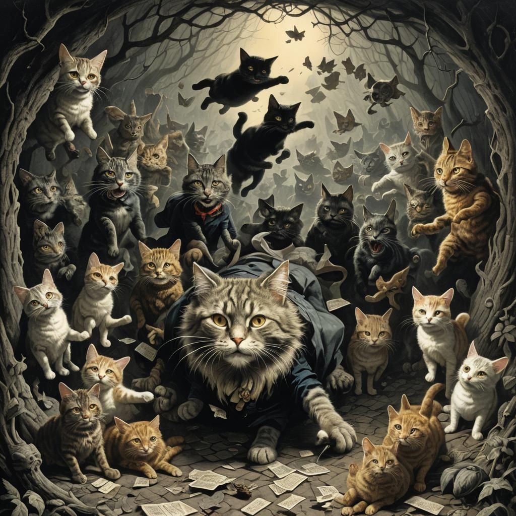 Cats Falling into Wonderland Rabbit Hole