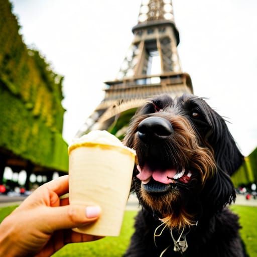 Briard Licking Ice Cream with Eiffel Tower