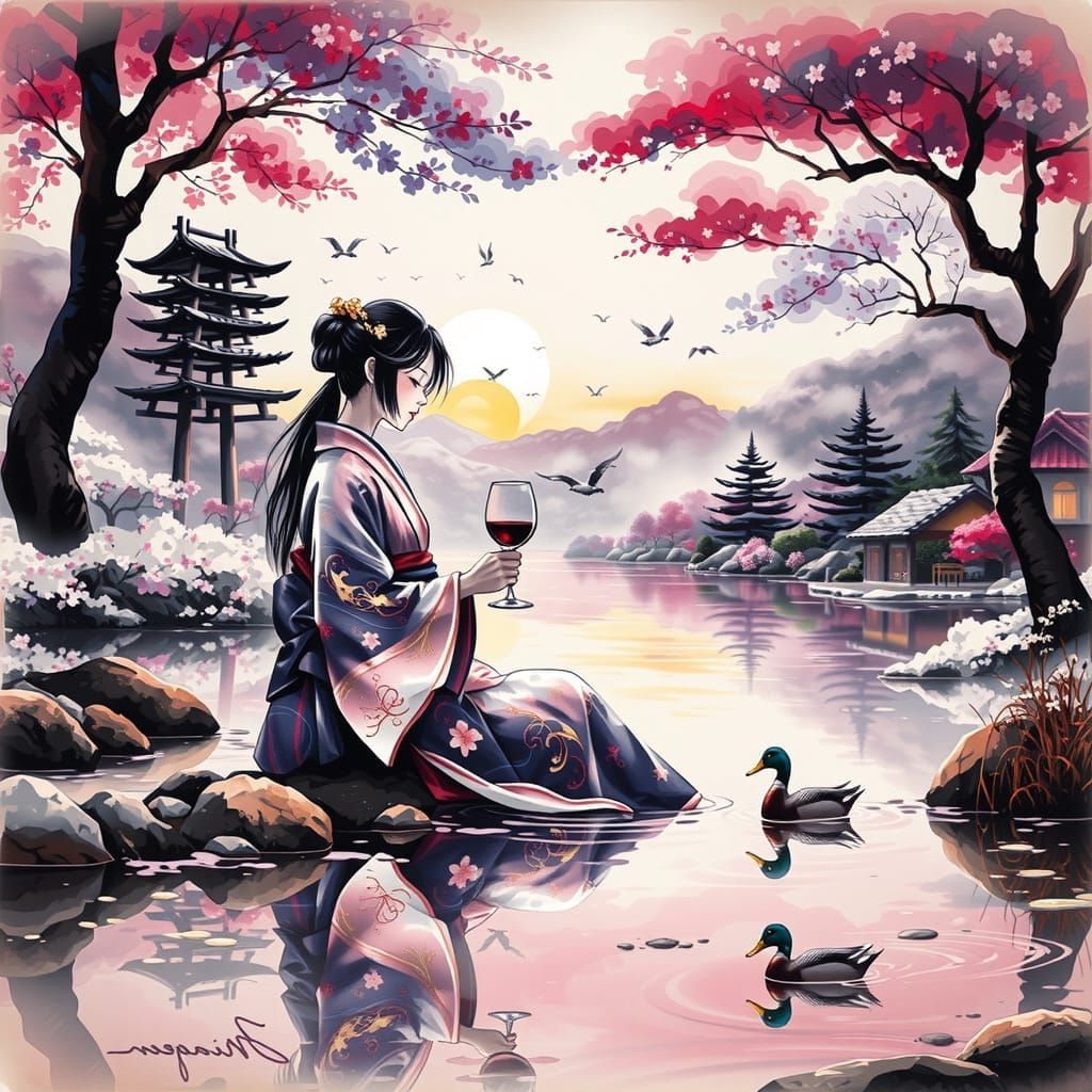 A beautiful Japanese woman sitting at the edge of a lake holding a glass of wine with ducks swimming in the lake. A hous...