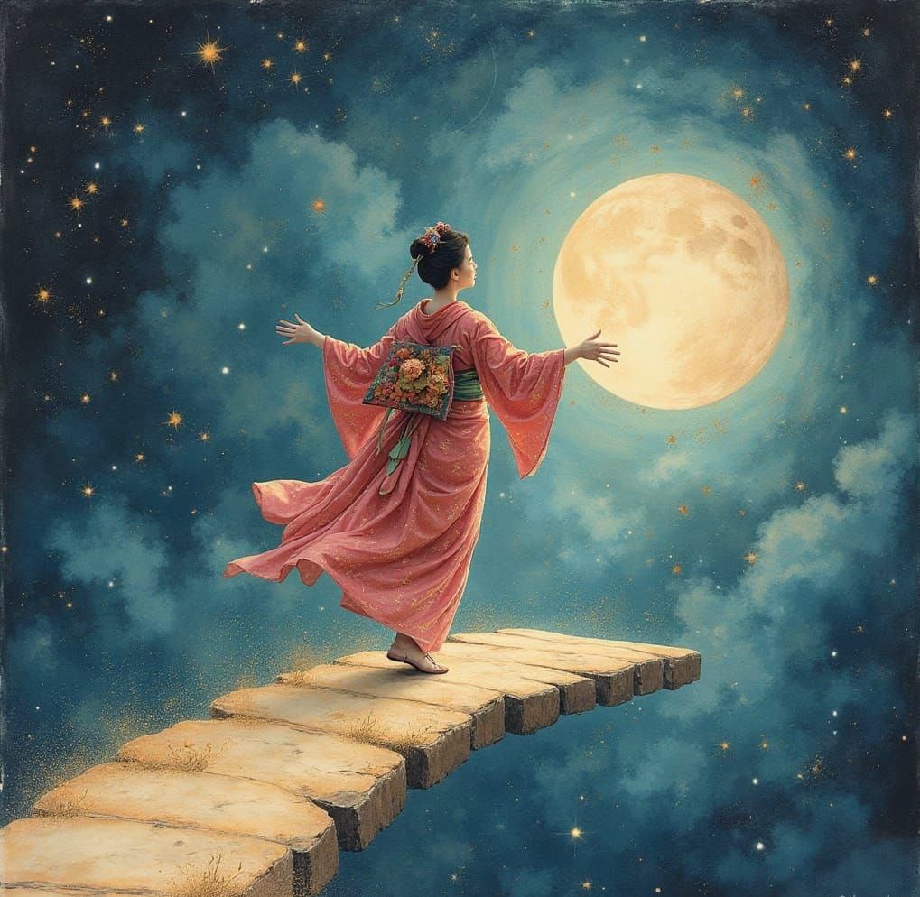Celestial Geisha Dances on Moonlight Bridge
