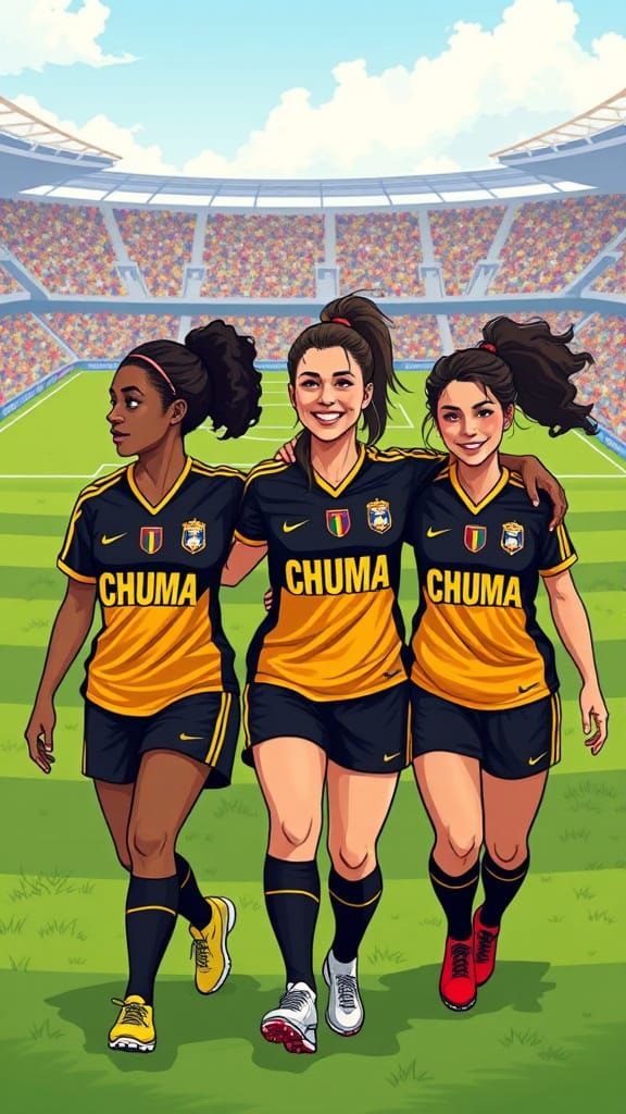Three Female Soccer Players Unite in Vibrant Digital Illustr...