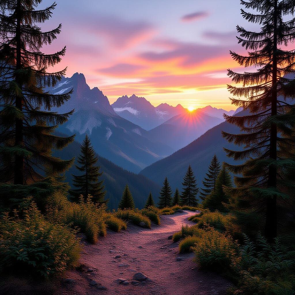 Mountain Path at Sunset in Coniferous Forest