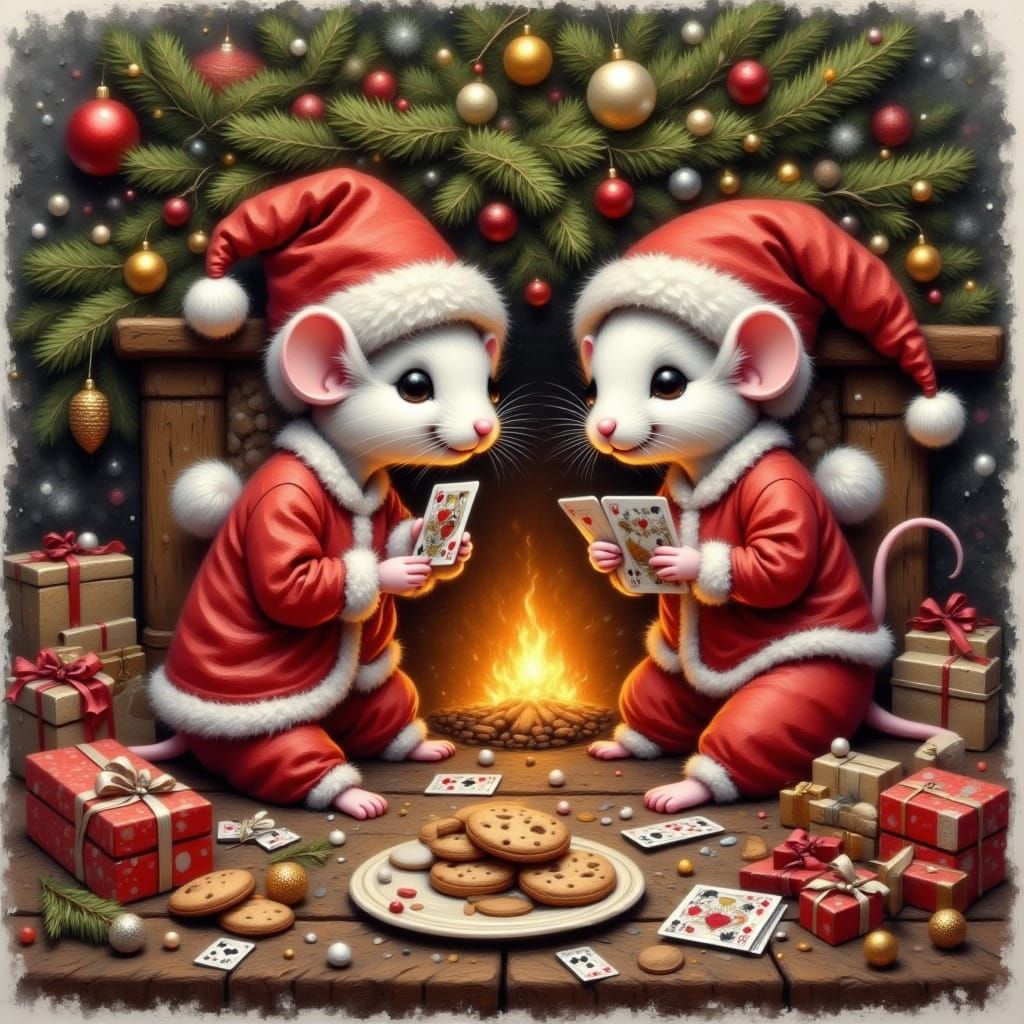 Mice Play Cards Under Christmas Tree in Warm Firelight