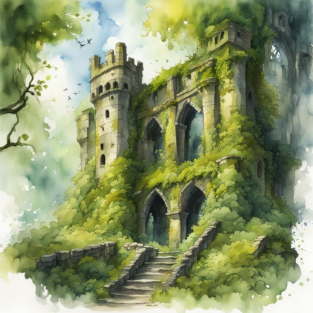 Mossy Castle Ruins in Watercolor Illustration Style