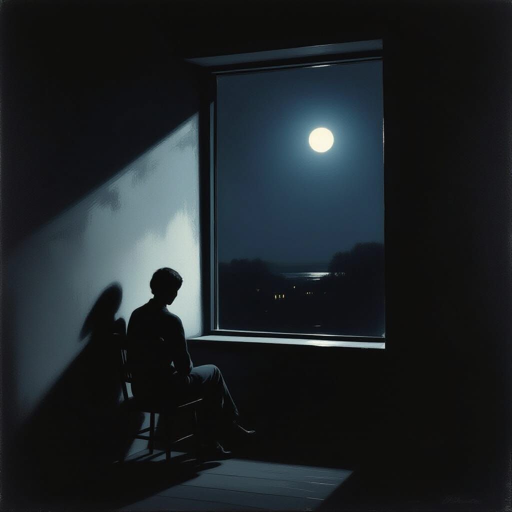 Solitary Figure in Moonlit Room