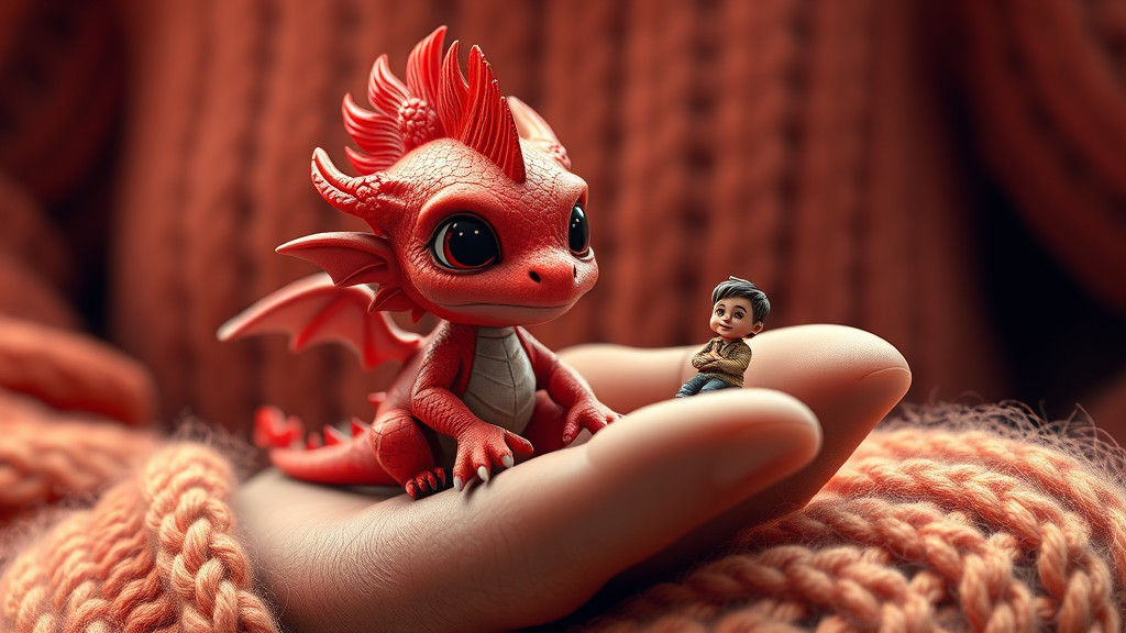 Red Dragon with Mohawk in Giant's Hand, Digital Art